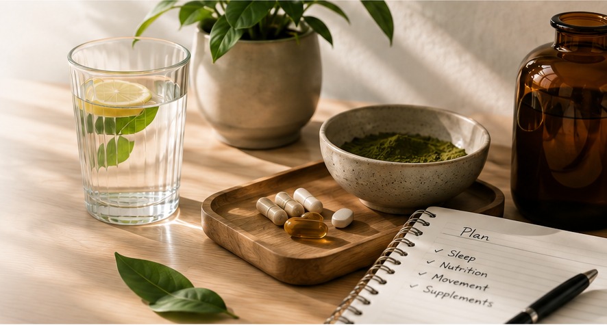 Water, plants and supplements arranged in a calm natural wellness setting
