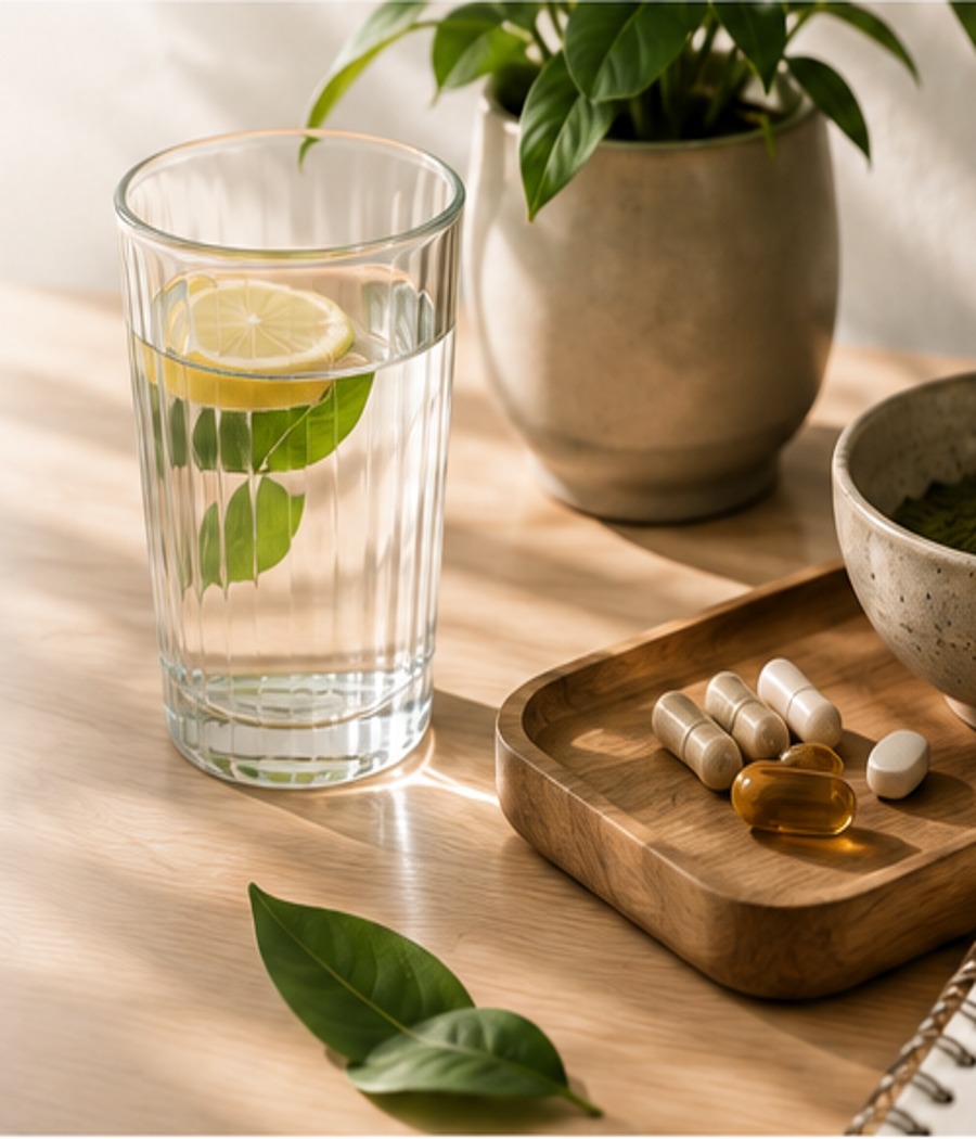 Water, plants and supplements in a calm wellness setting