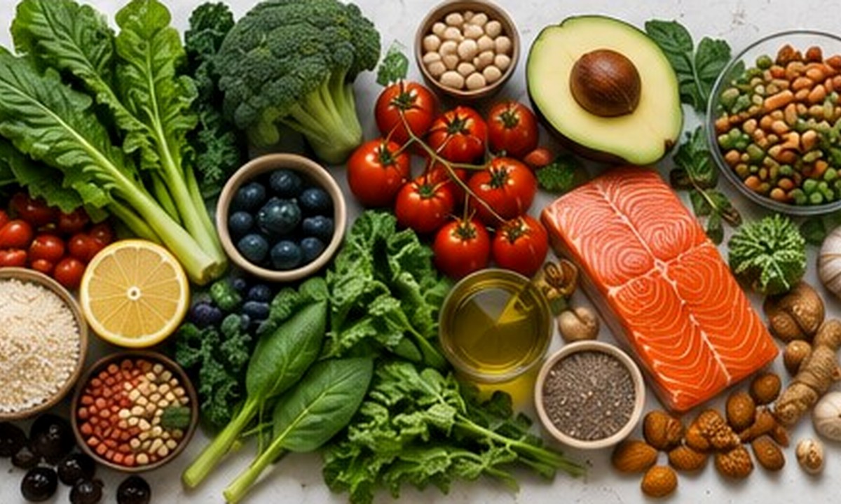Colourful whole foods and nutritious ingredients